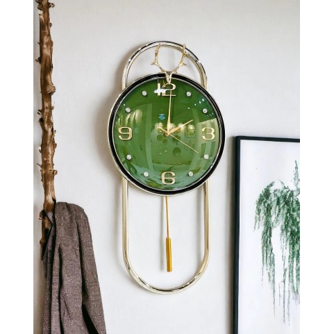 Deer Horn Pendulum Style Wall Clock - Green
